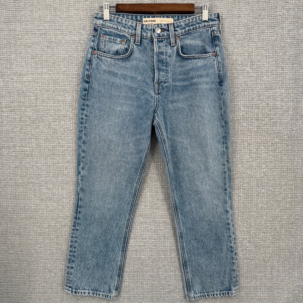 GRLFRND Denim Crop‎ Jeans Sz 26 Larchmont Wash High Rise Button Fly Straight Leg
